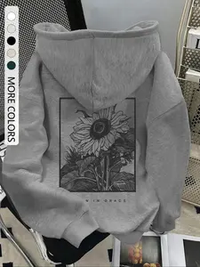 Women's Sunflower Print Hoodie, Casual Loose-Fit Drawstring Pocket Sweatshirt, Fall Winter Fashion, Daily Wear, Ladies Home Clothes