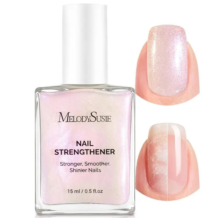 MelodySusie Nail Strengthener and Growth Treatment, 2-in-1 Ridge Filling Base Coat & Glossy Concealer Polish for Damaged Nail Repair and Healthy Shine,Gifts for Women 15ml 0.5 Fl Oz Holographic White