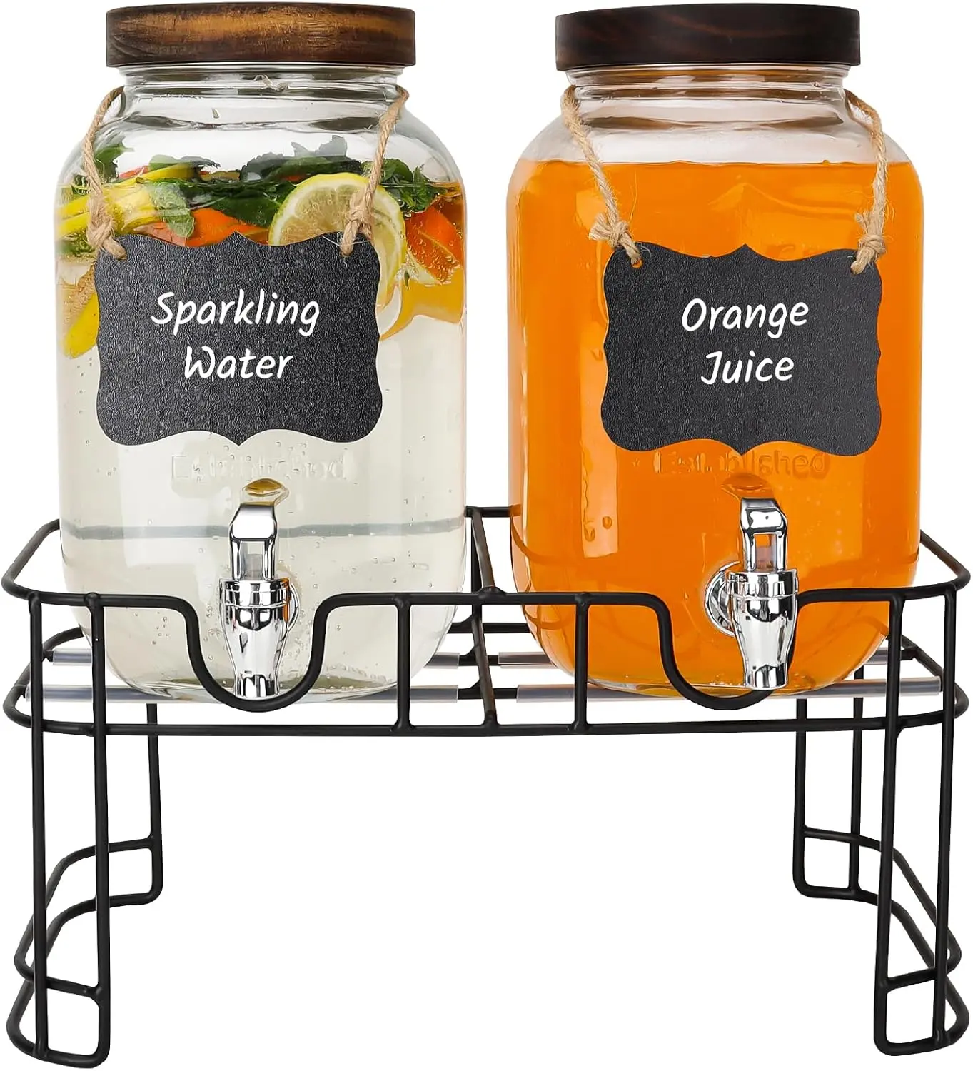 1 Gallon Glass Drink Dispensers with  Lid, 2 Pack Clear Beverage Dispenser with Stand and Spigot for Parties, Lemonade Dispenser with Markers and Chalkboard for BBQ, Picnic