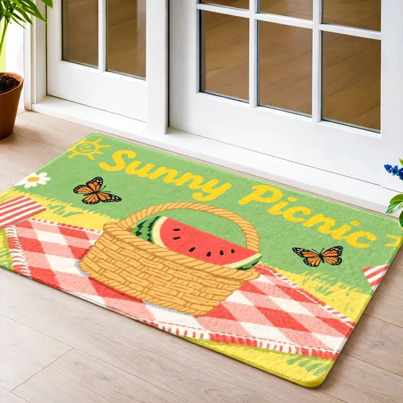 Sunny Picnic Watermelon Picnic Basket Doormat Ultra Soft Cozy Non Slip Durable Flannel Entry Rug Perfect For Hallway Living Room Bedroom Kitchen Bathroom Entryway Balcony Porch Indoor Outdoor Home Decor Non-Slip Treads Stair shower mat floor, Non-Skid Bat