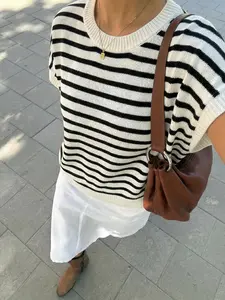Spring Summer Knitted Striped Vest for Women, Elegant Casual Vacation Beachwear, Loose Fit Knit Top, Stylish and Comfortable, Womenswear