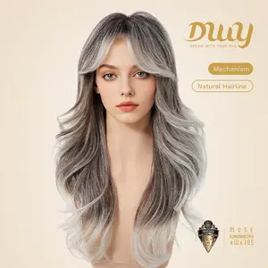 Simone H-DWY Long-length Layer-cut Wave Ash Grey Gradient Glueless Synthetic Wig with Bangs for Women 22 Inches Wavy Mix Blonde