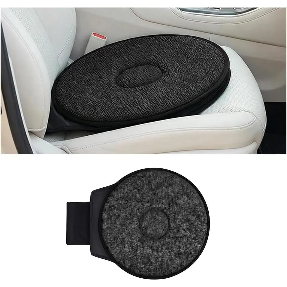 360° Swivels Round Car Insert Seat Cushion - 20.47*15.75 in Crinkled Fabric, Non-Slip Pressure Relief Pad, Universal Fit with Portable Strap, Elderly Aid, Removable Accessory for Cars Trucks