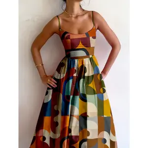 [Retro Camisole Dress] 2025 Colorful Retro Geometric Print Camisole Dress - Sweet And Youthful Bohemian Vacation Style - Adjustable Thin Straps Sleeveless Mid-Length Beach Dress - Unique Summer Gift Dress for Beachwear
