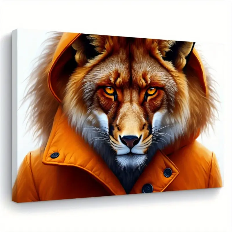 1 Piece Orange Jacket Lion Decorative Painting - Modern Country Style Wooden Frame Oil Painting, Young Lion or Lioness Portrait, Hook Installation, 11.8x 15.7inch Living Room/Bedroom/Office Decoration - Ideal Gift, 2D Graphic Design, Perfectly Fits Room D