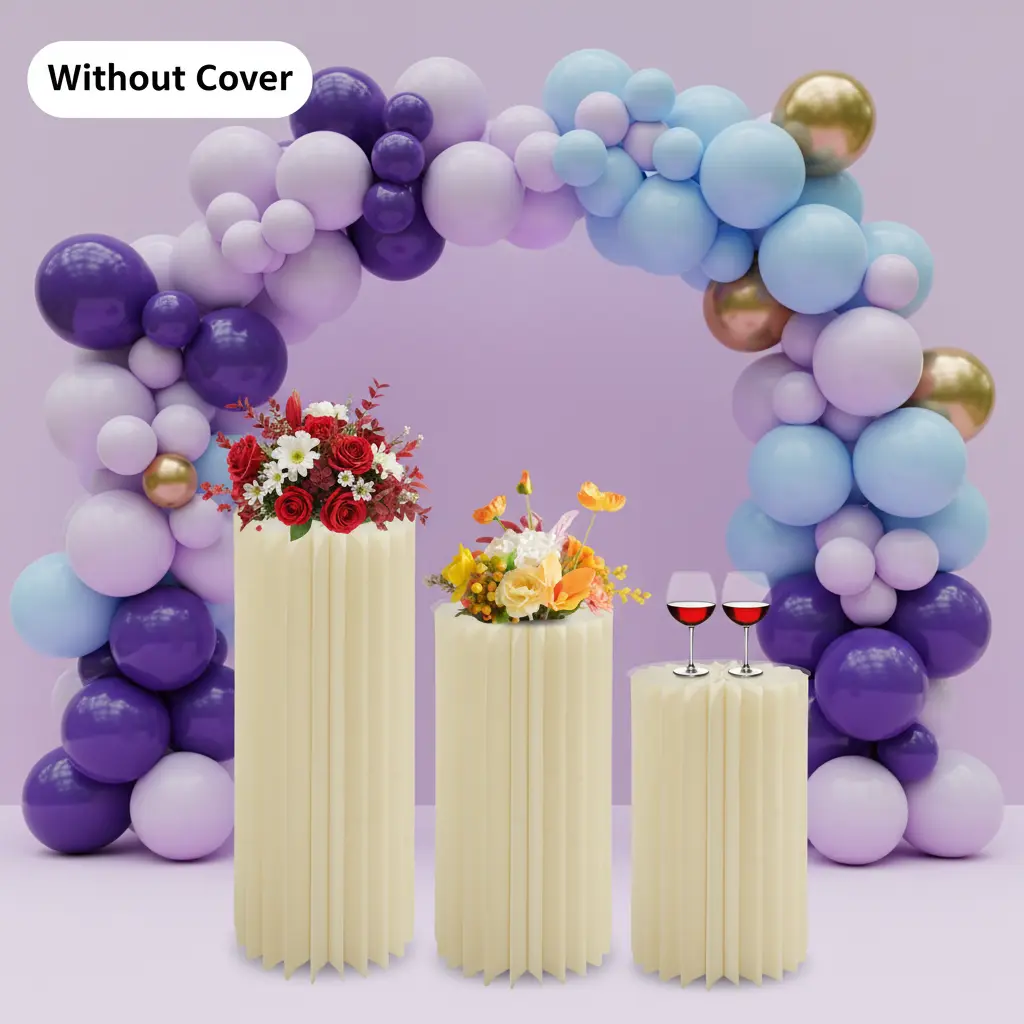 Foldable Paper & PVC Cylindrical Column Stands Set (3 Pcs, 60cm-80cm-100cm) with Covers, Indoor Furniture Decor Ornaments for Weddings