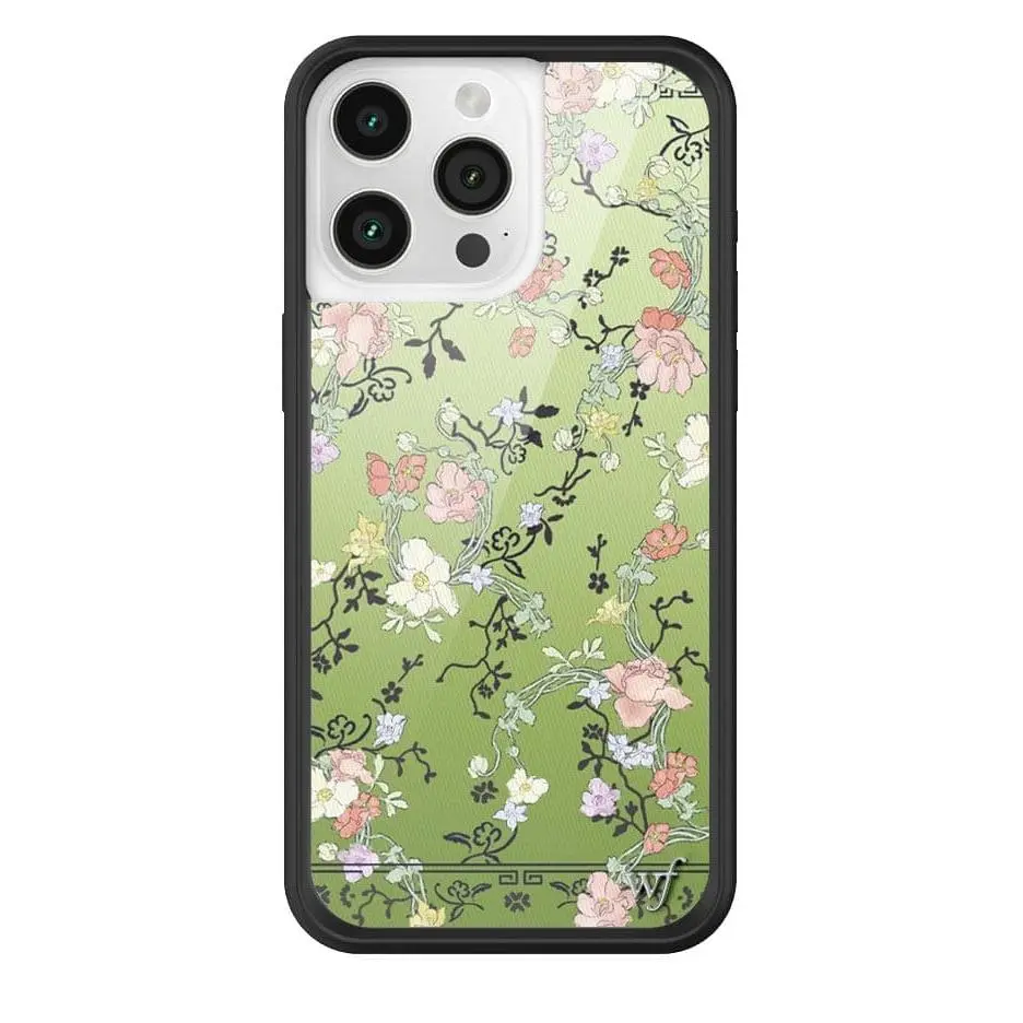 Gallery Girlies Green | Limited Edition Trendy iPhone Case | Raised Protective Black Bumper | Women Owned Small Business | Vibrant Green Background Green Vines Light White and Pink and Purple Flowers | Safety Casing Protective | Gift for Her
