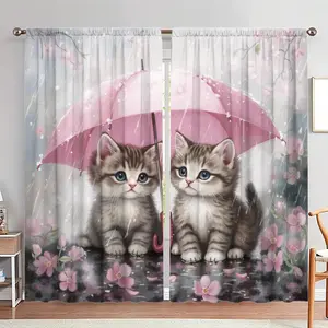Cat & Umbrella Pattern Door Curtain, 1 Set Cute Animal Pattern Door Curtain, Home Decor for Living Room Bedroom, Room Divider Curtain