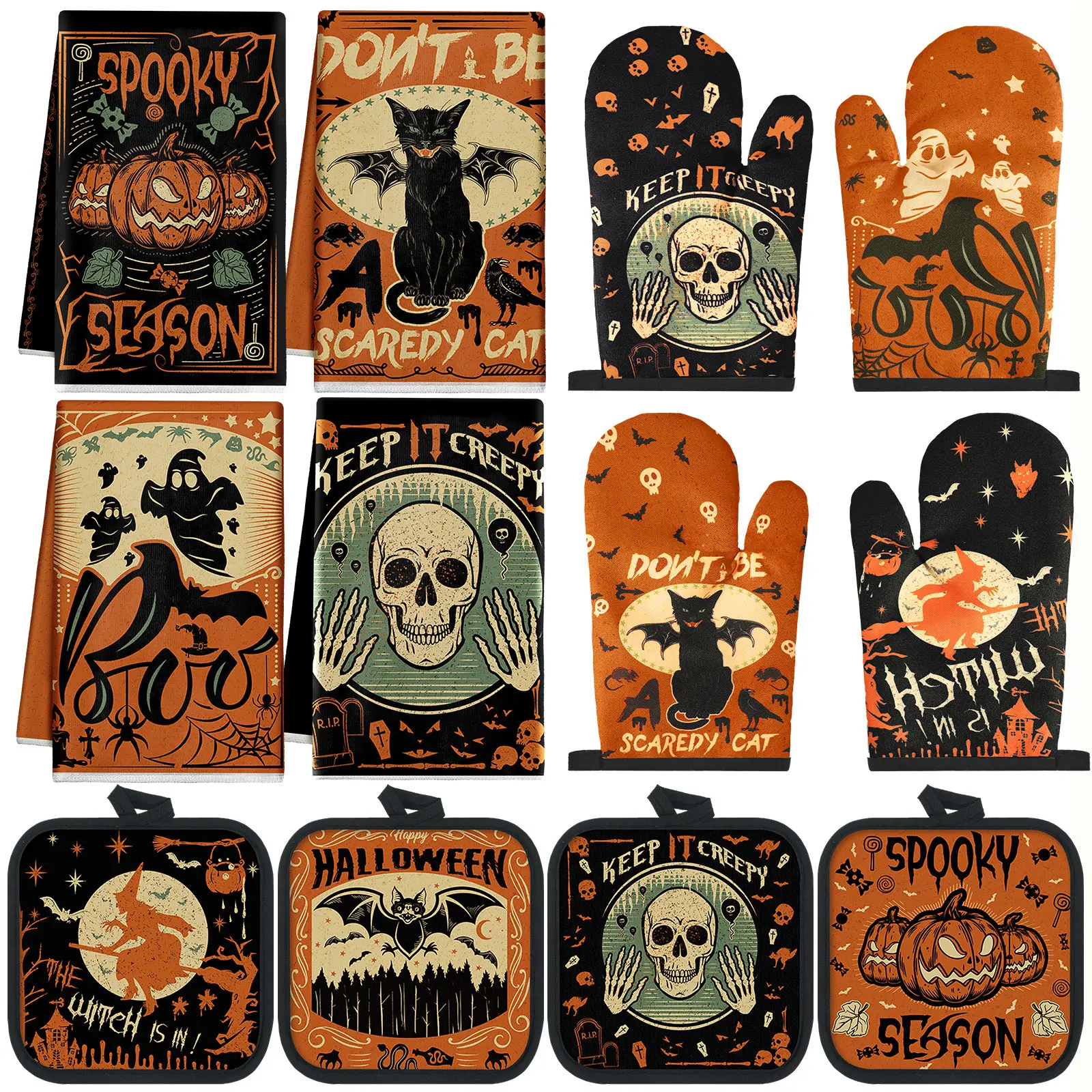 12 Pcs Halloween Kitchen Towels and Oven Mitt Sets 4 Skeleton Oven Mitts 4 Ghost Dish Towels and 4 Witch's Pot Holders Cooking Accessories for Holiday Kitchen Decoration Bakeware
