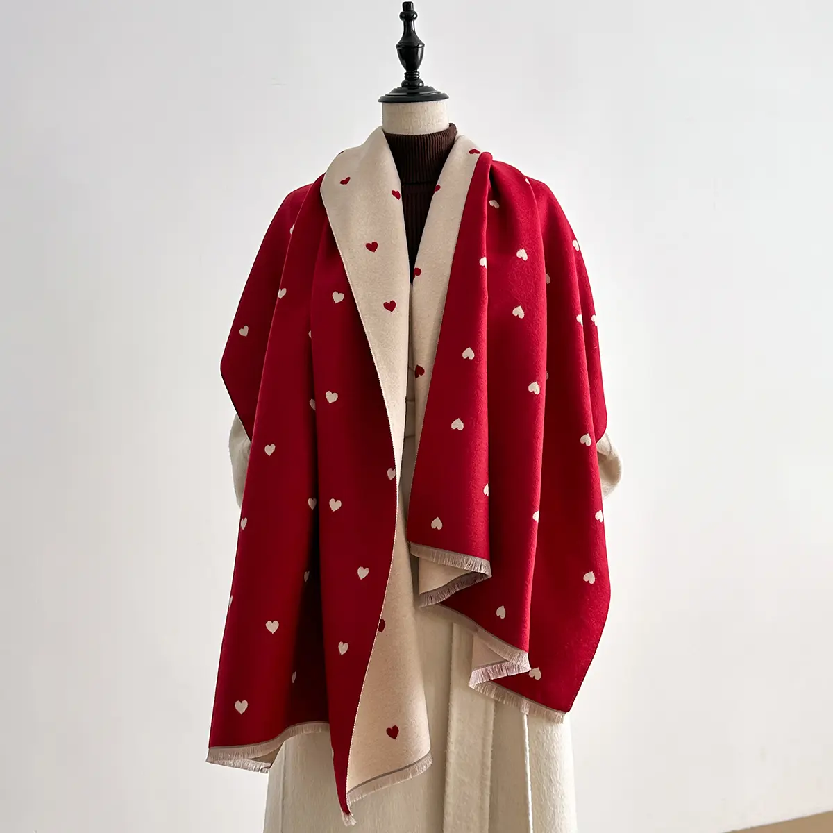 Sweet Heart Pattern Scarf - Reversible Oversized Cashmere Feel Shawl, Warm Blanket Wrap for Women