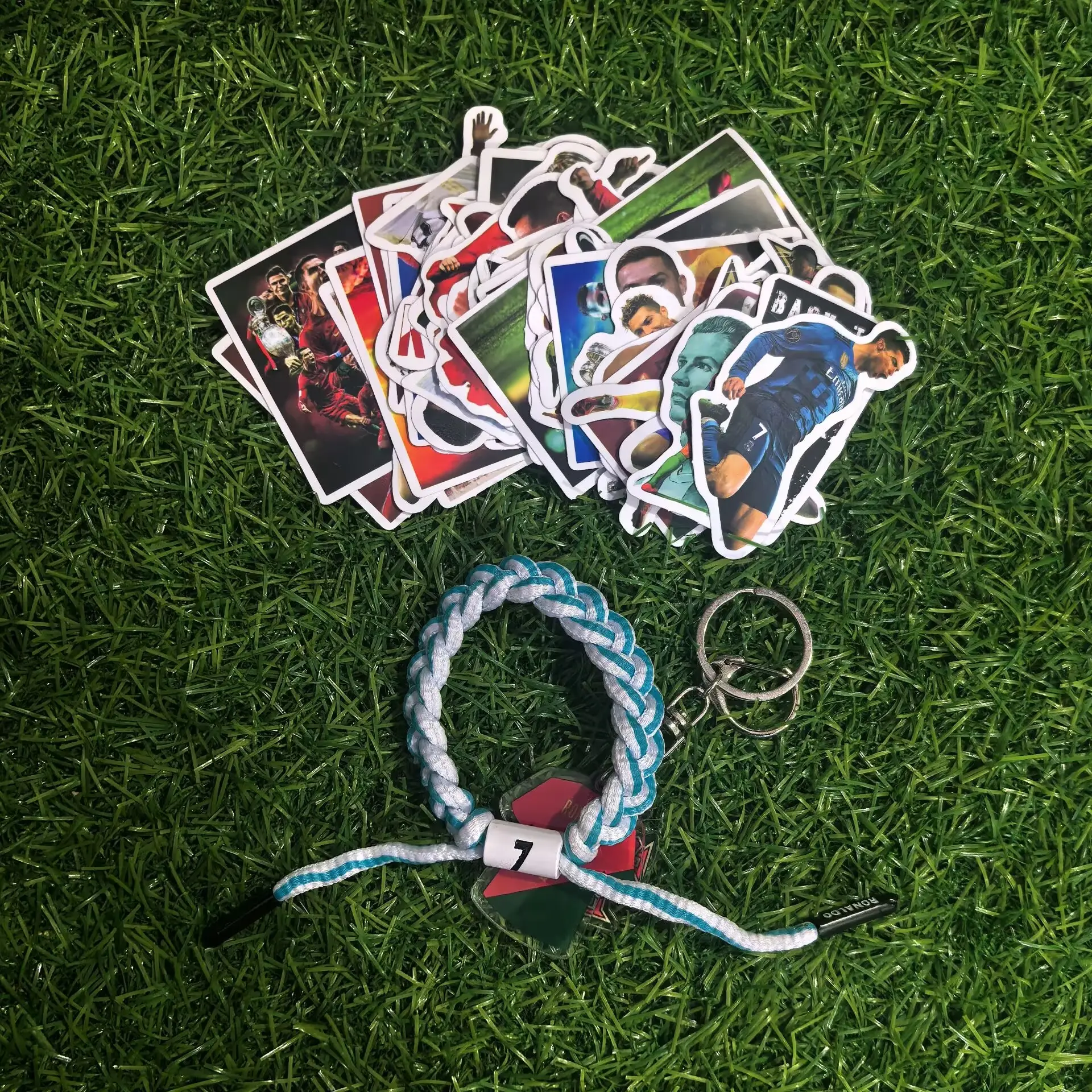 Soccer Star Number 7 Mini Bundle Fashion Accessories - Football Stars Themed Stickers, Key Chain, Braided Wristband, Sports Fan Gift