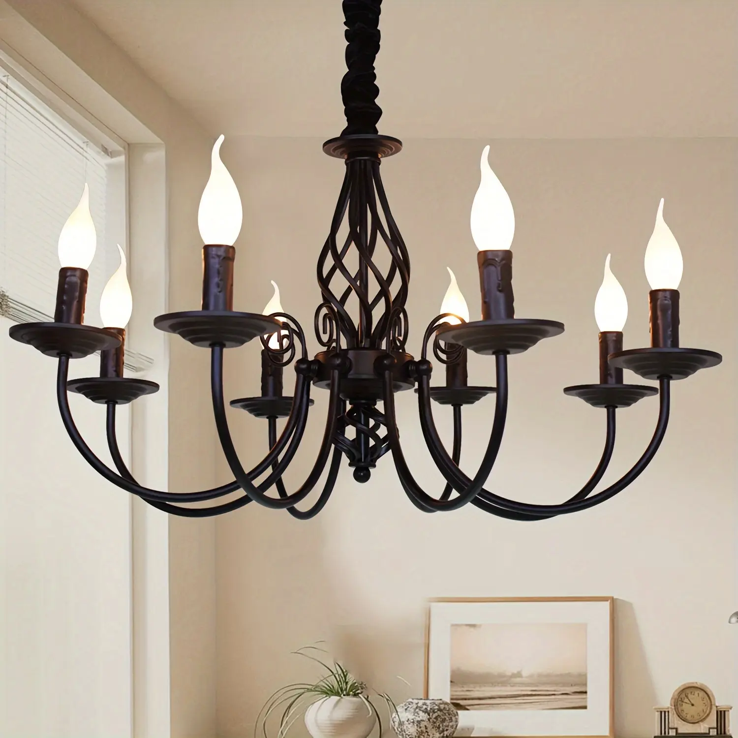 Black French Country Chandelier Chain Light - 8-Light Interior Home Pendant Fixture, Incandescent Compatible, All Ceiling Fit for Farmhouse Kitchen Island, Dining Room