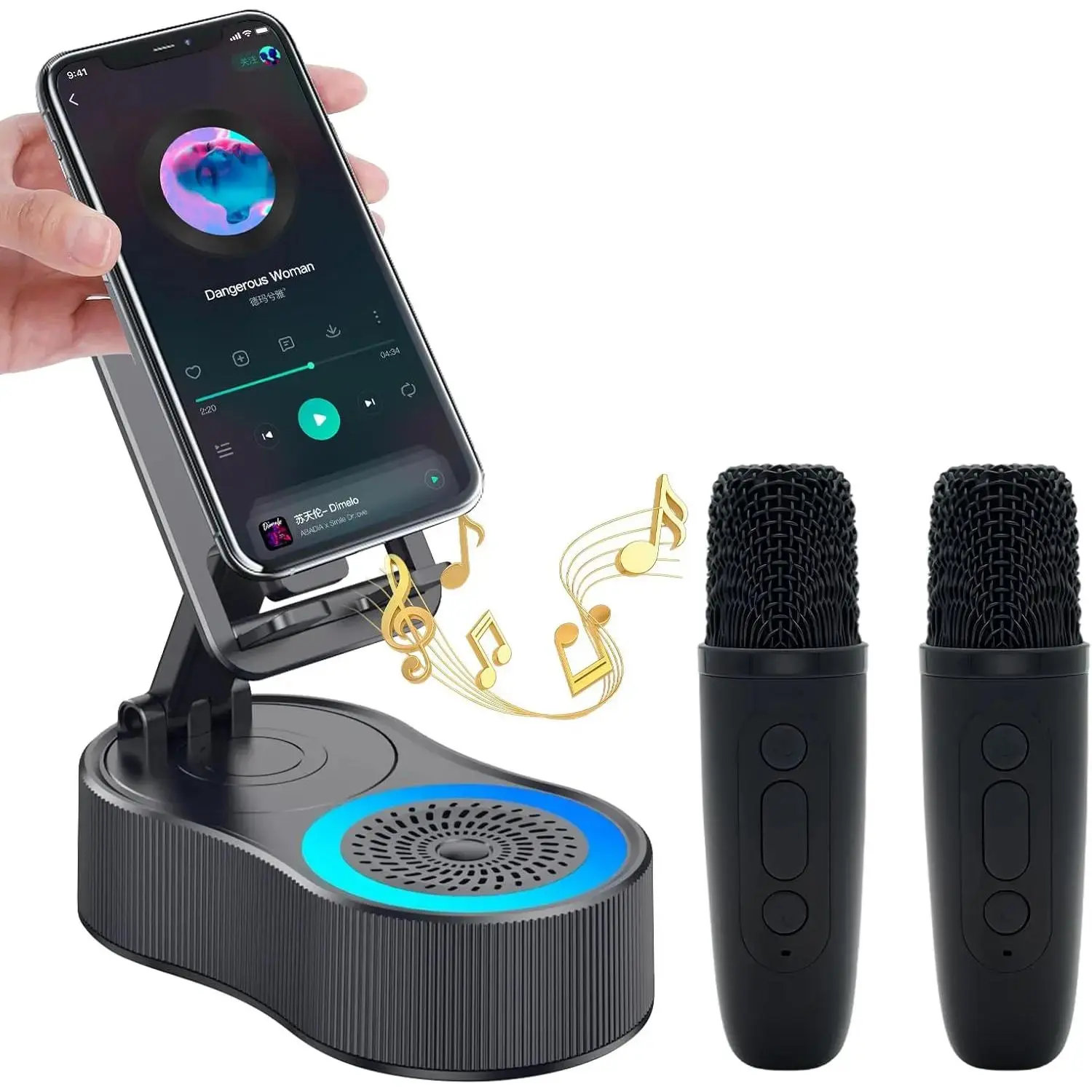 COLDICE Multifunctional Portable Bluetooth Speaker with 2 Wireless Microphones, 360 ° Rotatable Foldable Base, Tabletop Stand for Smartphone/Tablet, Colorful Ambient Light, HD Surround Sound, USB Compatible for iPhone Android ,summervibes