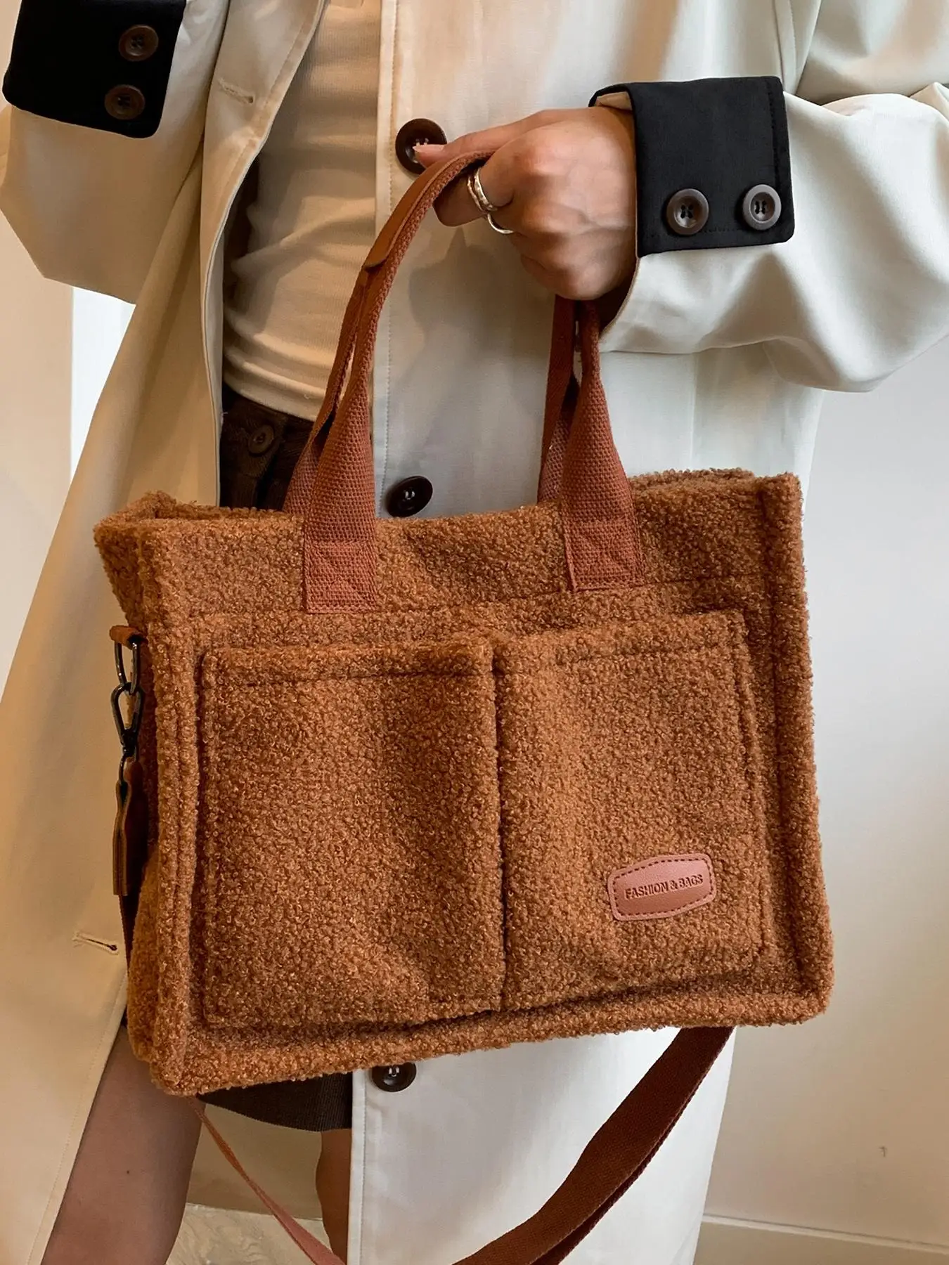 Women's Solid Color Fuzzy Tote Bag, Large Capacity Shoulder Bag for Daily Used, Casual Trendy Versatile High-quality Daily Commuting Bag, Girl Shoppin