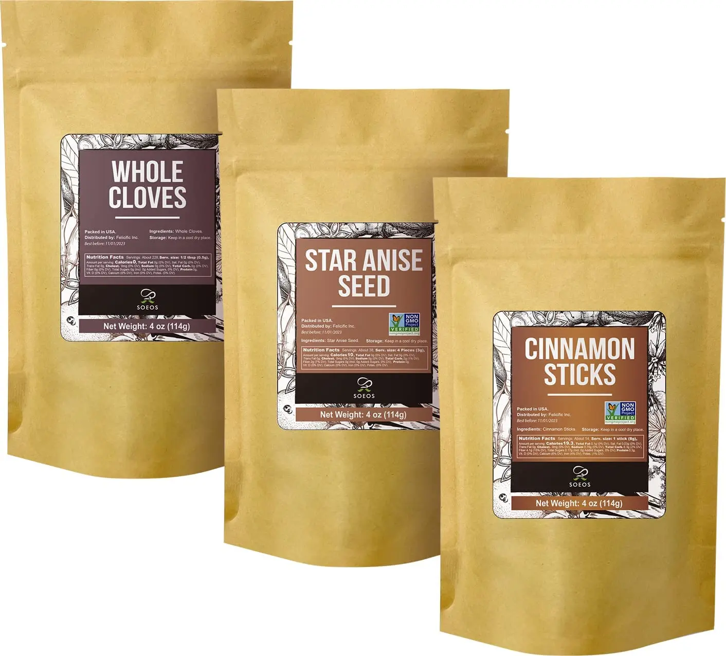 Soeos Cinnamon Sticks Bulk + Star Anise Whole + Whole Cloves Bulk, 4oz Each, All Natural, No Preservative, Spice Sets, Starter Spice Set, Perfect Refill for Kitchen Spices, Spice Gift Set Flavor Spicy