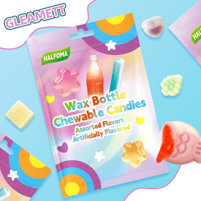 GLEAMETT Wax Bottle Candy - Individually Wrapped Chewy Candies, 9 Flavor Mix, Retro Nostalgic Treat, Novelty Candy for Kids Parties and Goodie Bags,6.3oz