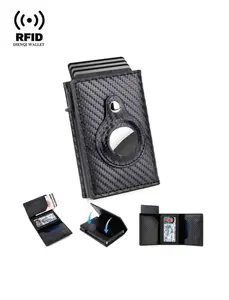 Dienqi Wallet Carbon Black RFID Protection Slim Thin Card Holder Wallet for Men Women Compatible with Apple AirTags Tracker Air Tag Gift for Daily Use Boyfriend Father
