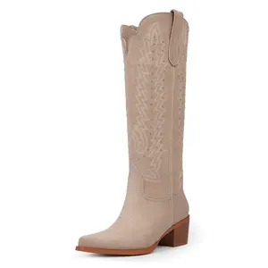 [VIUGJNE]Women's Knee High Cowboy Boots - 2.2 Inch Chunky Heel Pointed Toe Cowgirl Boots, Studded Embroidered Pull-On Boot for Party & Concert