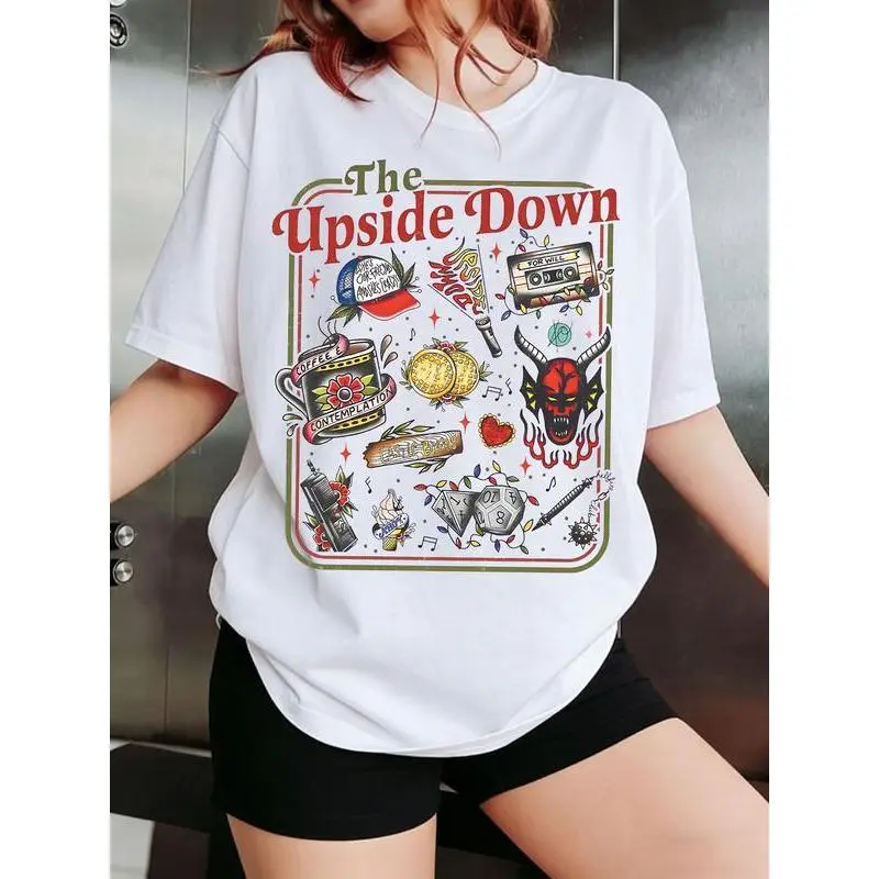 Women's 100% Cotton Round Neck Shortsleeve T-Shirt - Breathable, Multicolor Tattoo Digital Print, Upside Down Slogan, Vintage Aesthetic, Loose Fit, Athletic Casual Streetwear, Summer Yoga Apparel, Tshirt, Oversized Graphic Tee, Tops, Casual Letters Print,