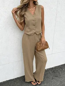 Two piece set of women's fashionable light and mature commuting suit with sleeveless Vneck vest and high waisted wide leg pants, suitable for summer, daily commuting to work, shopping, traveling, and casual temperament
