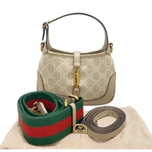 Pre-owned GUCCI leather Shoulder Bags Jackie 1961 GG Supreme Monogram Web Small Oatmeal and Mystic White