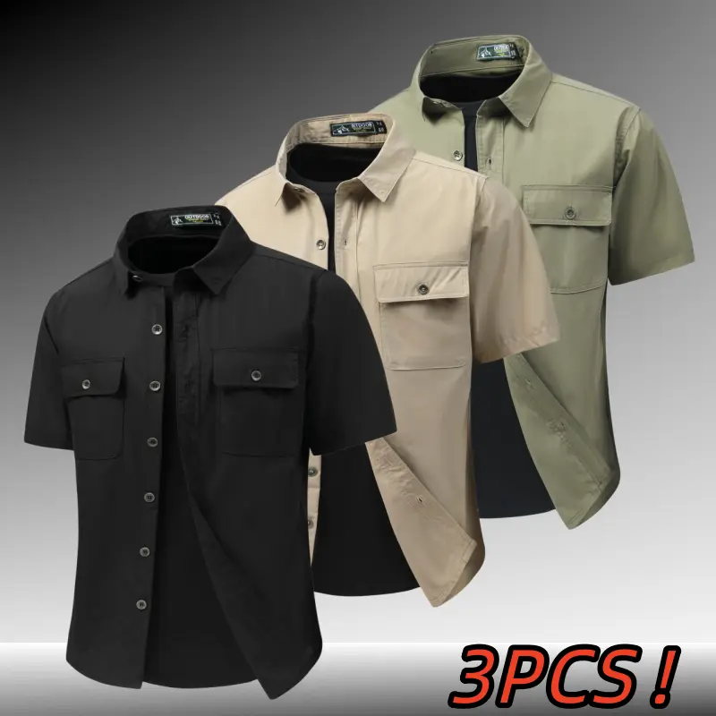 3-pack men’s outdoor quick-dry short-sleeve work shirts, lightweight breathable wrinkle-resistant woven fabric, double flap chest pockets with metal buttons, turn-down collar, comfortable versatile loose fit in three colors for commuting and casual wear