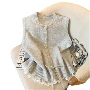Women's Knit Vest with Pearl Buttons and Lace Trim, Bottom Hem Tie Design, Simple and Elegant.