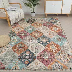 Geometric Pattern Washable Rug, Non-slip Oriental Vintage Rug, Foldable Rug for Living Room Bedroom Kids Room Playroom, Decorative Area Rug