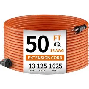 50ft 16AWG Outdoor Extension Cord, Indoor/Outdoor 50-Foot SJTW 16/3 Gauge Extension  with Durable Weatherproof PVC Vinyl Jacket, 3-Prong Grounded Plug, ETL Certified 13A 1625W, Orange