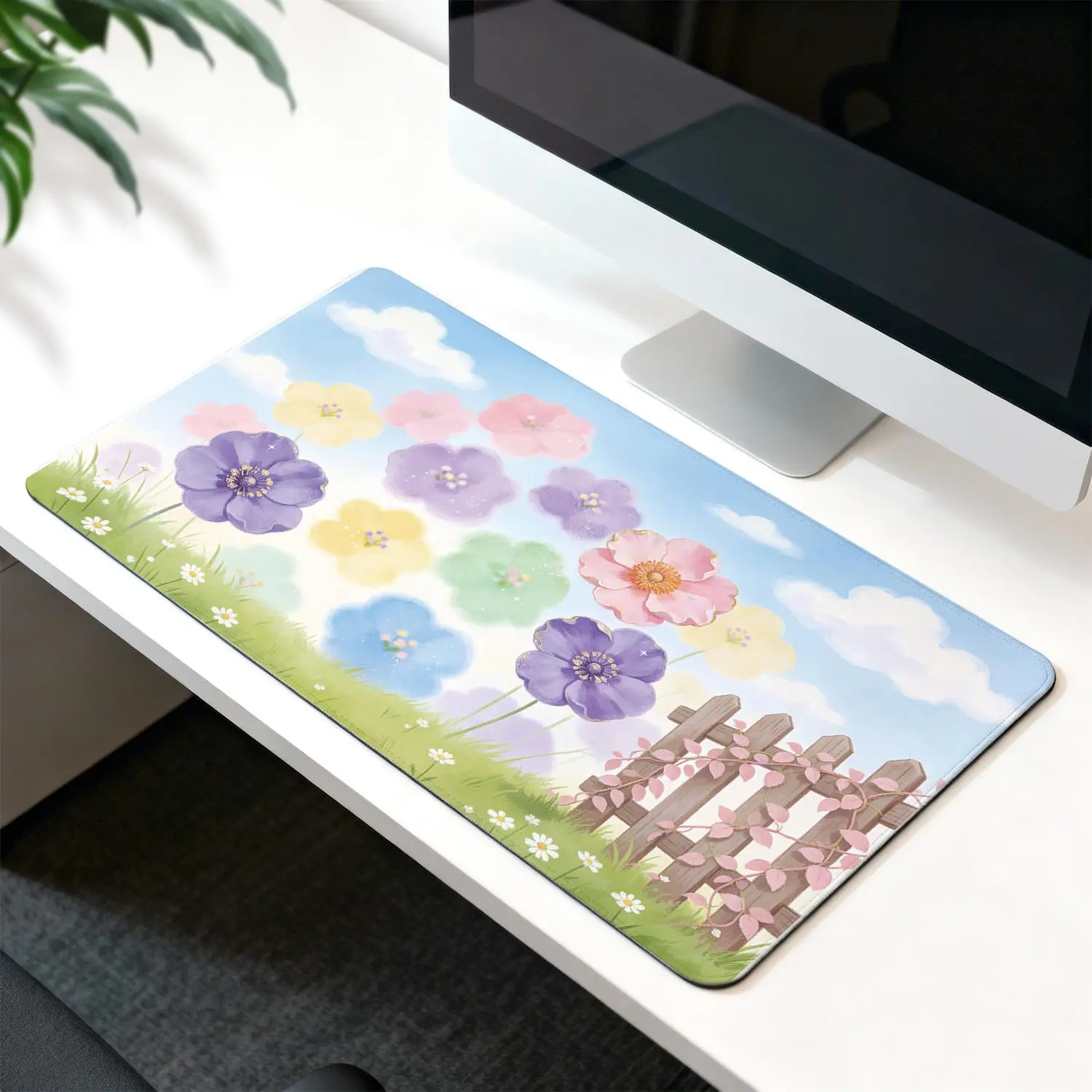 Sublimation Mouse Pad, Premium Pastel Colorful Flower Garden With Wooden Fence Illustration, 40x80cm High-Quality Non-Slip Durable Pad For Office Work & Gaming Comfort, Sublimation Mouse Pads