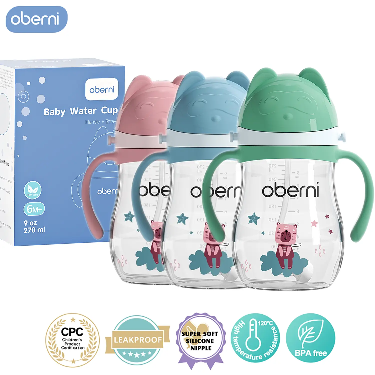 Oberni Water Bottle 270ml/9oz Leakproof and No Spill Sippy Cup, BPA-Free PP Tritan Straw Cups for Toddler 1-3 Years Baby