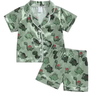 Kids Summer Satin Pajamas Sets Toddler Boys Dinosaur Pjs Short Sleeve Silk Nightwear Two Piece Sleepwear Loungewear