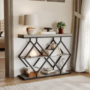 3-Tier Rustic Farmhouse Narrow Console Table with Storage Shelves, Geometric Metal Legs, Easy Assembly, Accent Entryway Sofa Table for Living Room