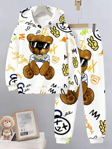 Trendy Hoodie Set Featuring Cool Bear Design, Hand Gestures & Graffiti Texts, Colors, Casual Streetwear Style