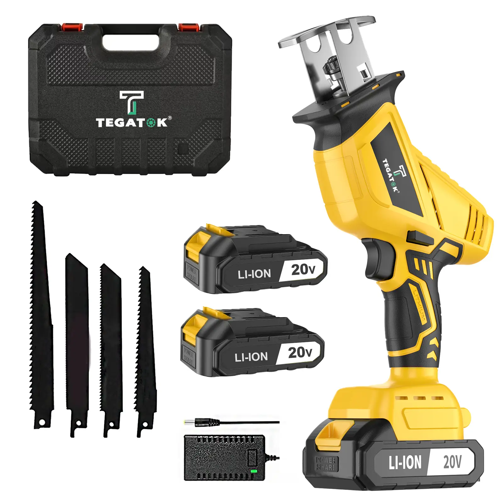 20V Cordless Reciprocating Saw, No-Load Speed ​​0-3000 RPM, Maximum Cutting Depth 80mm, 4 Replacement Blades and Tool Case, Suitable for Cutting Wood, Metal, and PVC Plastic