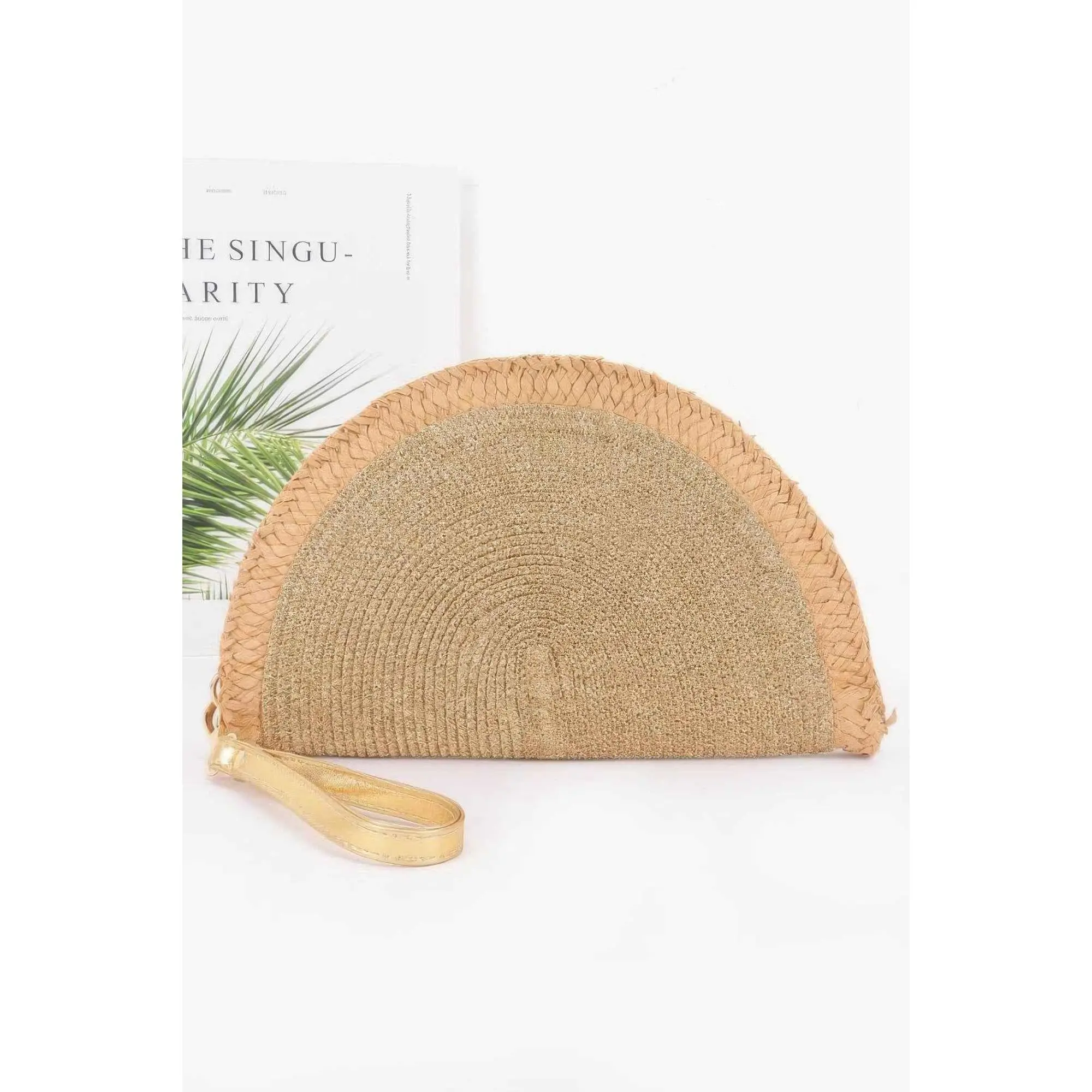 Women's Chic Casual Metallic Paper Faux Straw Semi-Circular Clutch with Wrist Straps - Ideal for Beach Party, Outdoor Events, Evening Occasions