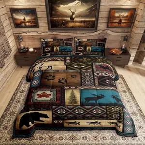 Rustic Cabin Lodge Comforter Set for Kids Boys Girls,Hunting Bear Deer Bedding Setsouthwestern Aztec Duvet Insert,Farmhouse Tribal Bohemian Bed Set for All Season