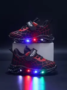 New Kids' Sports Shoes 2026, Simple Fashion Breathable Mesh, Anti-Collision Thick Sole, Casual Cartoon Glow Spider Web Design
