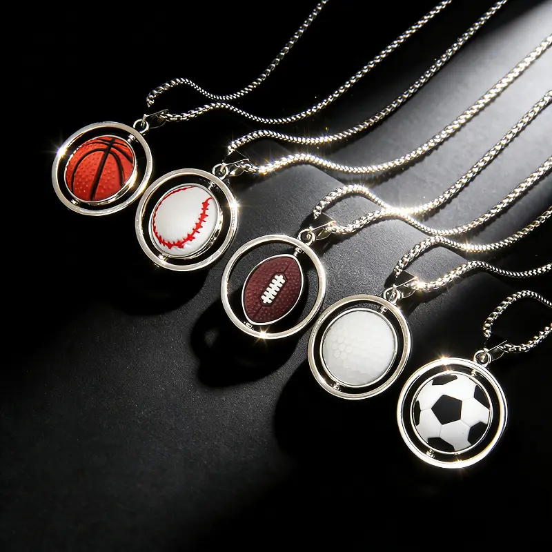 Unisex Sports Ball Necklaces with 360° Rotating Charm, Lightweight Stainless Steel Streetwear Pendant for Game Day & Fans, Baseball Charm Necklaces, Chain Detailing Necklaces