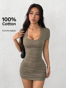 Ruched Bodycon Dress Army Green Mini Dress for Women Casual Night Out Sweetheart Neckline Short Sleeve Summer Fashion 95% Cotton 5% Elastane