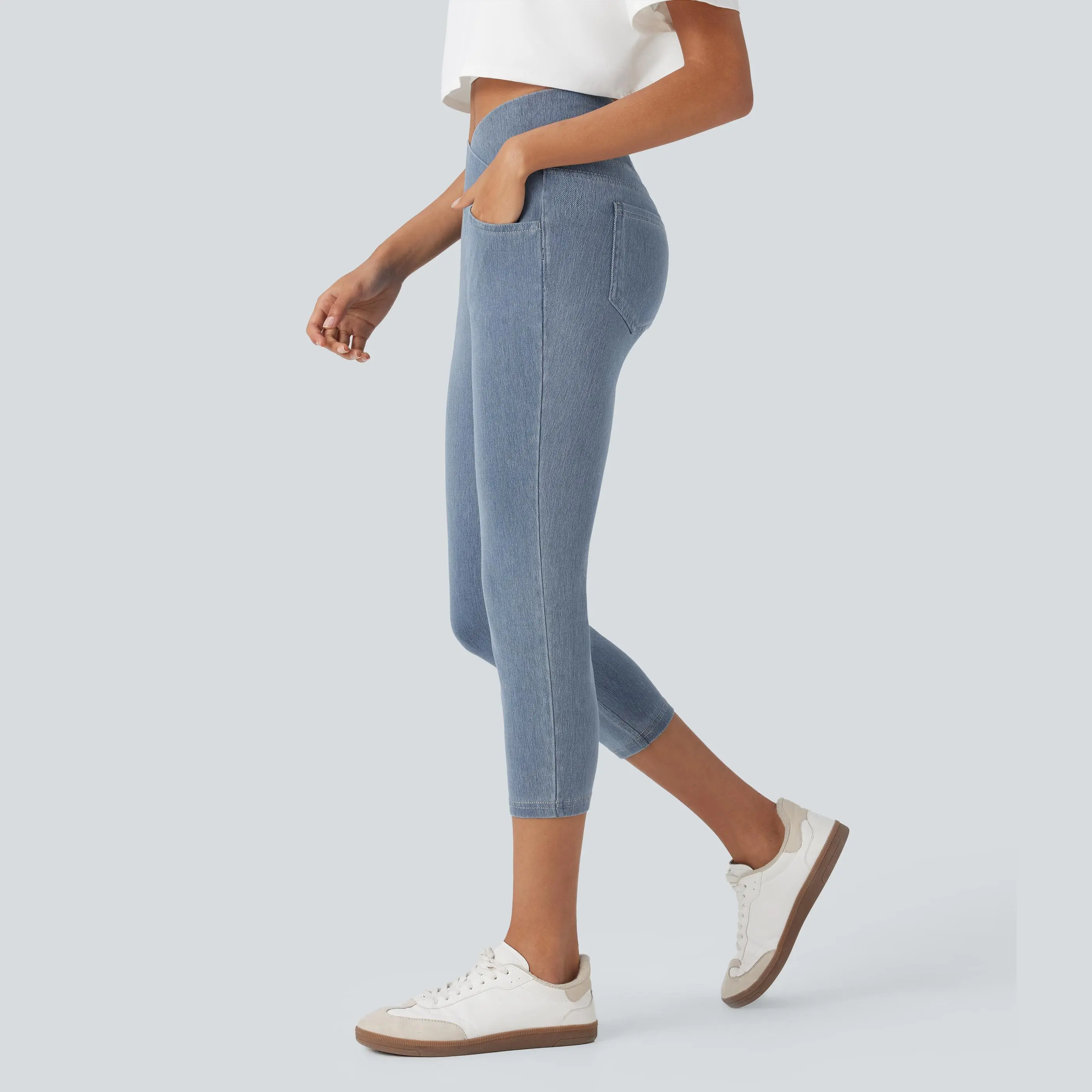 Halara Flex Crossover High Waisted Stretchy Knit Denim Casual Capri Leggings with Pockets