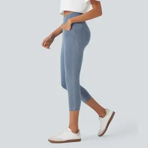 Halara Flex Crossover High Waisted Stretchy Knit Denim Casual Capri Leggings with Pockets