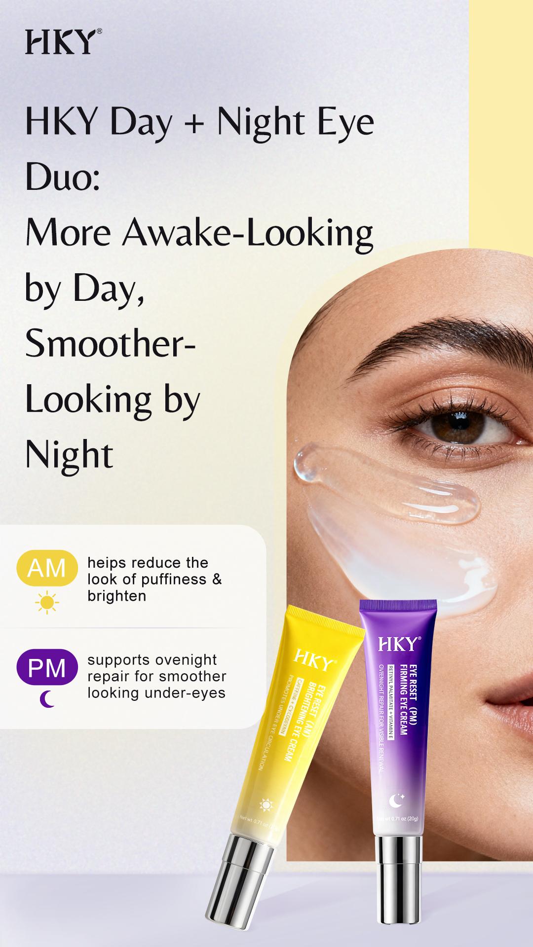 HKY Day & Night Eye Cream Set, AM Caffeine Under Eye Brightener for Dark Circles & Puffiness, PM Anti-Aging Collagen Treatment for Fine Lines & Wrinkles. Korean Skincare Firming Moisturizer Duo for Smooth Radiant Skin. Lightweight Hydrating Anti-Aging Kit