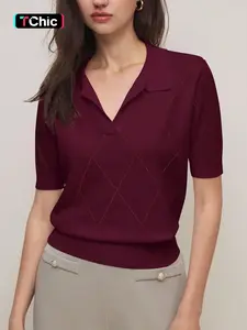 Women's Polo Neck Plain Diamond Pattern Casual Fashion Elegant Intellectual Short Sleeve Summer Knit Pullover Top, Daily Versatile