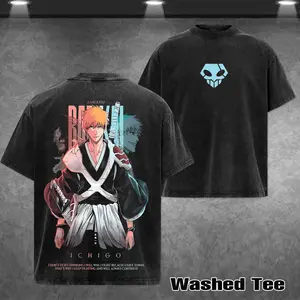 Retro Ichigo Kurosaki - Bleach T-shirt, Retro Anime Double Printed Vintage Washed Tee Unisex Oversize Heavyweight Cotton T-shirt for Anime Fans and Lovers Oversized