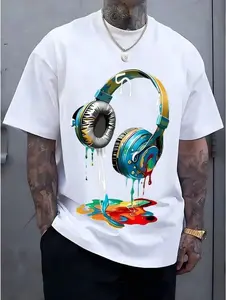 Men's Navy Blue Graphic Tee With Vibrant Headphone Print - 220g Thick Cotton, Casual & , Short Sleeve Crew Neck T-Shirt, Machine Washable For Summer Fashion, Street Fashion Tee | Graphic Print Shirt | Durable Casualwear