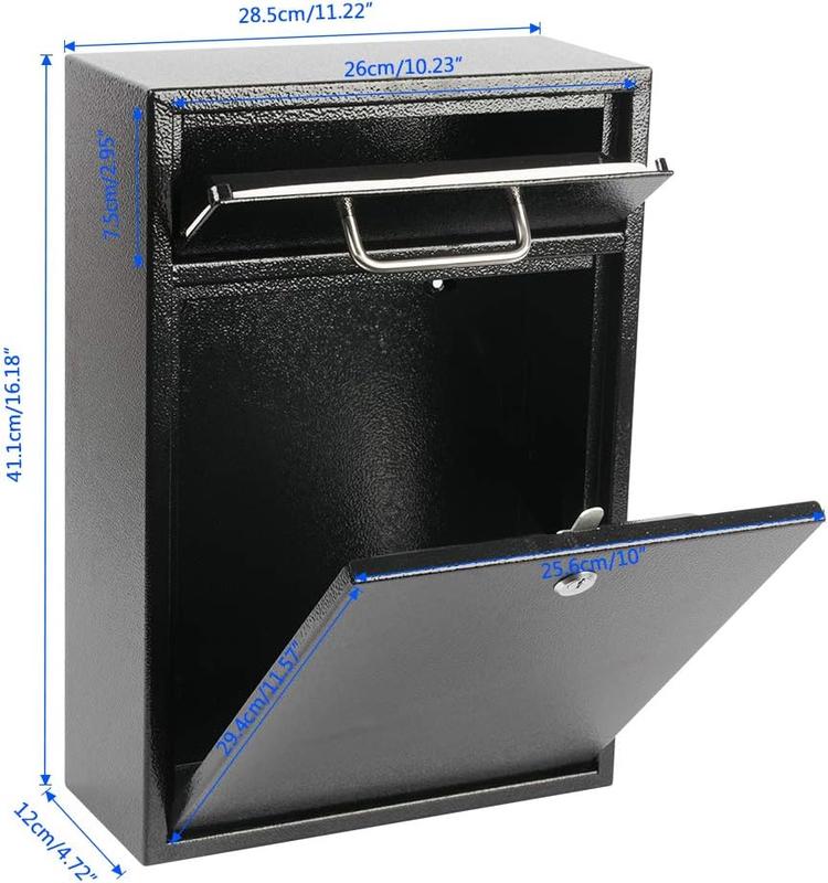 Steel Key Lock Mail Boxes Outdoor, Locking Wall Mount Mailbox,  Lock Drop Box, Collection Boxes,16.2H x 11.22L x 4.72W Inches, Black X Large