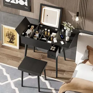 (High end and high-quality)27.9'' Black Makeup Vanity Desk with Flip Top Mirror and LED Light, Dressing Table with Charging Station, 2 Drawers and Fold-up Panel, Vanity Set with Cushioned Stool for Bedroom vanity  without  let vanity  with  chair