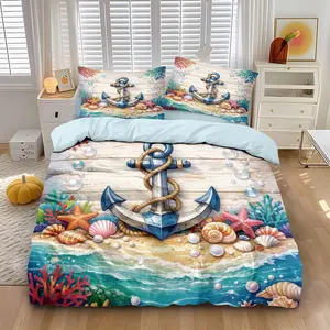 3-piece quilt cover set (1 quilt cover +2 pillowcases, coreless) Ocean wind boat anchor beach shell starfish coral print soft and comfortable bedding, suitable for all rooms