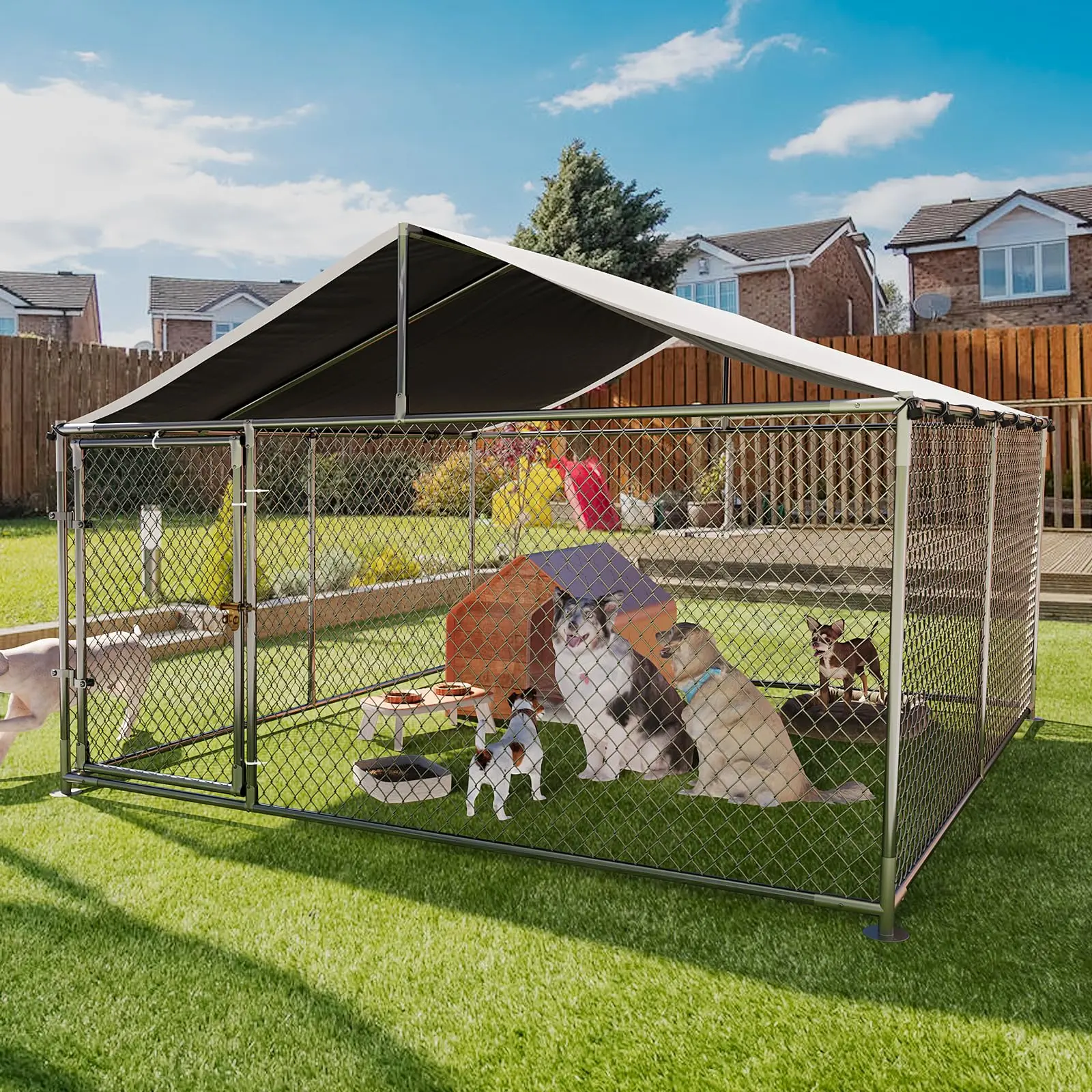GAOMON Heavy-Duty Galvanized Steel Large Dog Kennel, Outdoor Spacious Area Pet Enclosure with Roof, Tool-Free Ground Anchors, Dual Lock System for Farm Training
